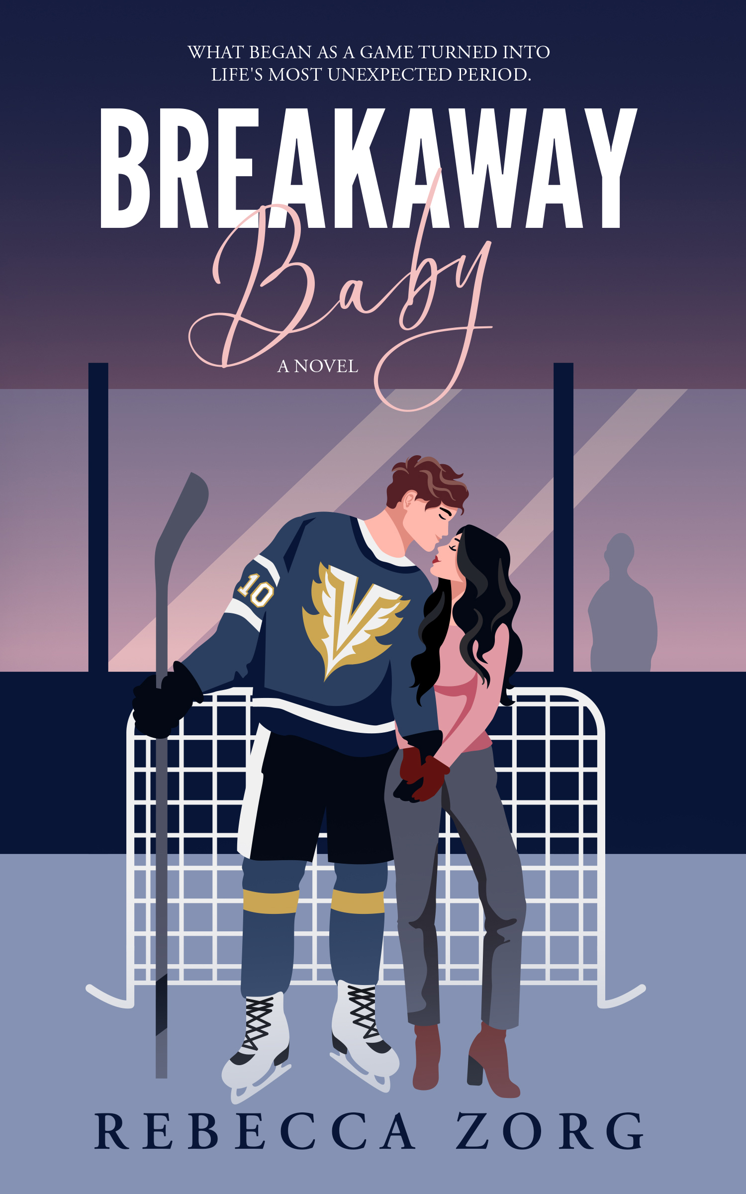 Cover of Breakaway Baby by Rebecca Zorg: an illustrated hockey player kissing a woman in front of a net at an ice rink