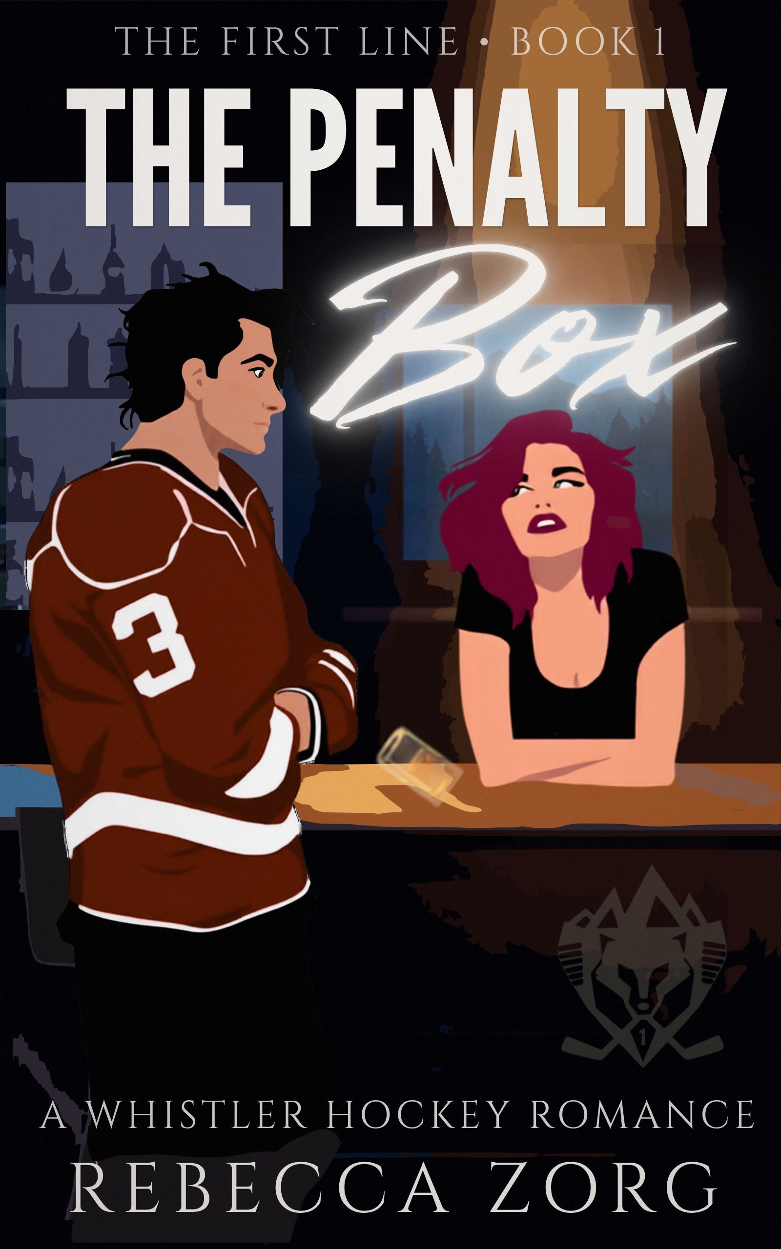 Cover of The Penalty Box by Rebecca Zorg: a hockey player in a number 3 jersey faces a red-haired bartender across a bar